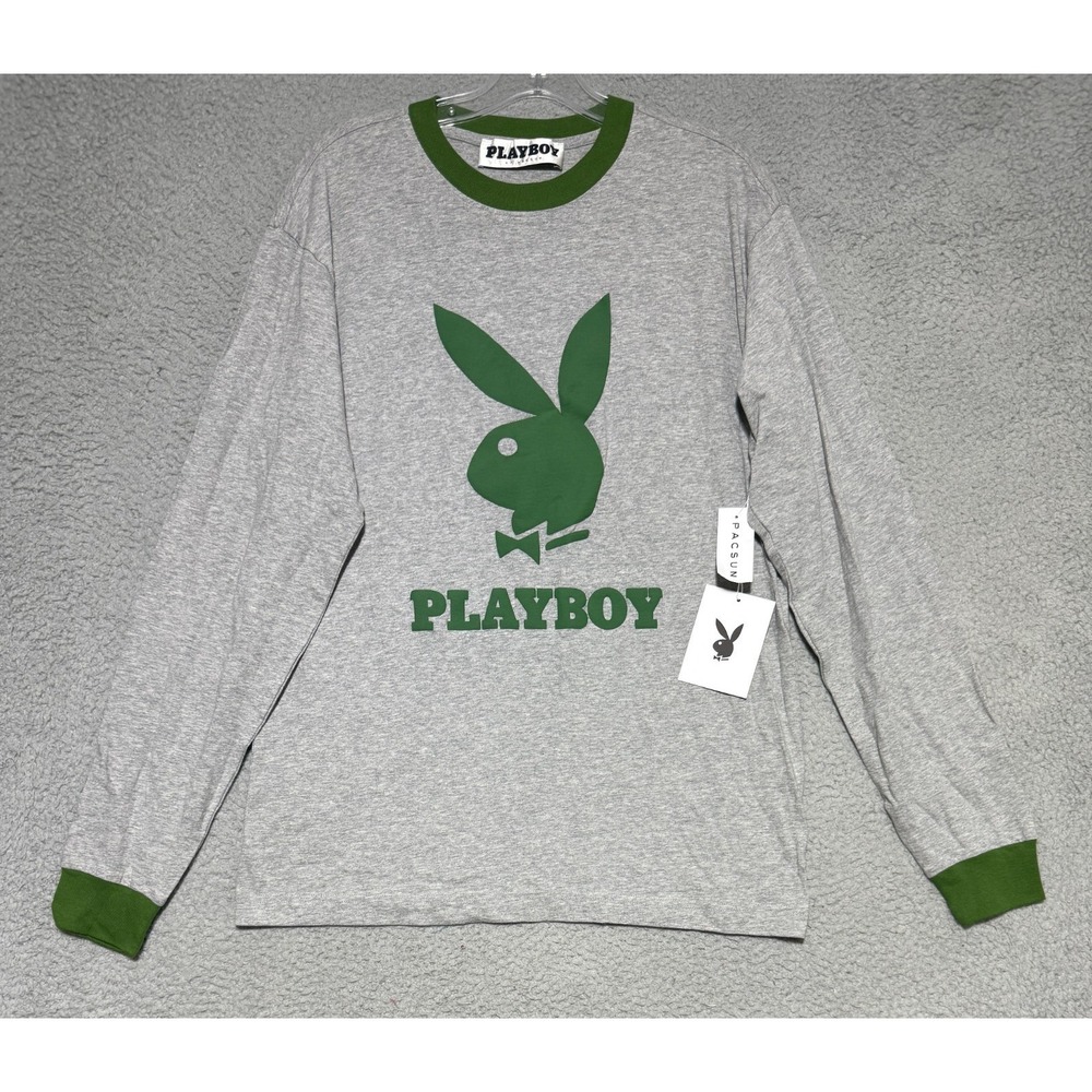 NEW PLAYBOY by PACSUN long sleeve t-shirt mens Small Gray Green 100% Cotton